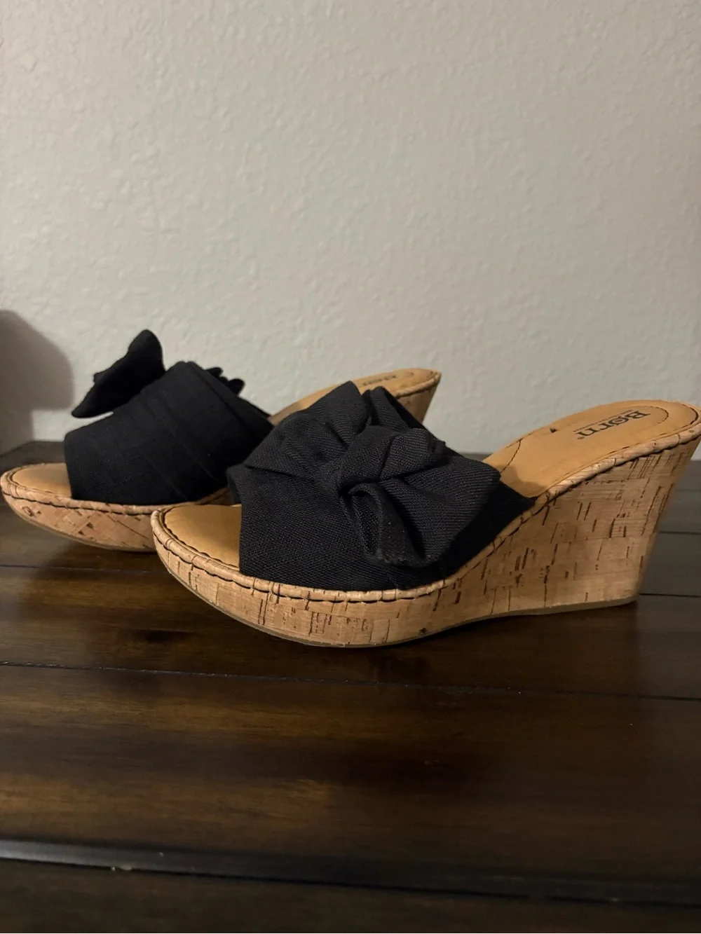 Born Black Canvas Bow Cork Wedge Slides